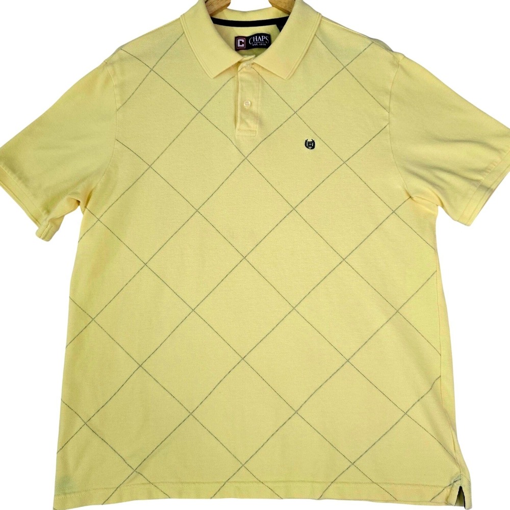 Chaps Men's Size L Golf Polo Shirt Yellow Argyle Print Pique‎ Cotton